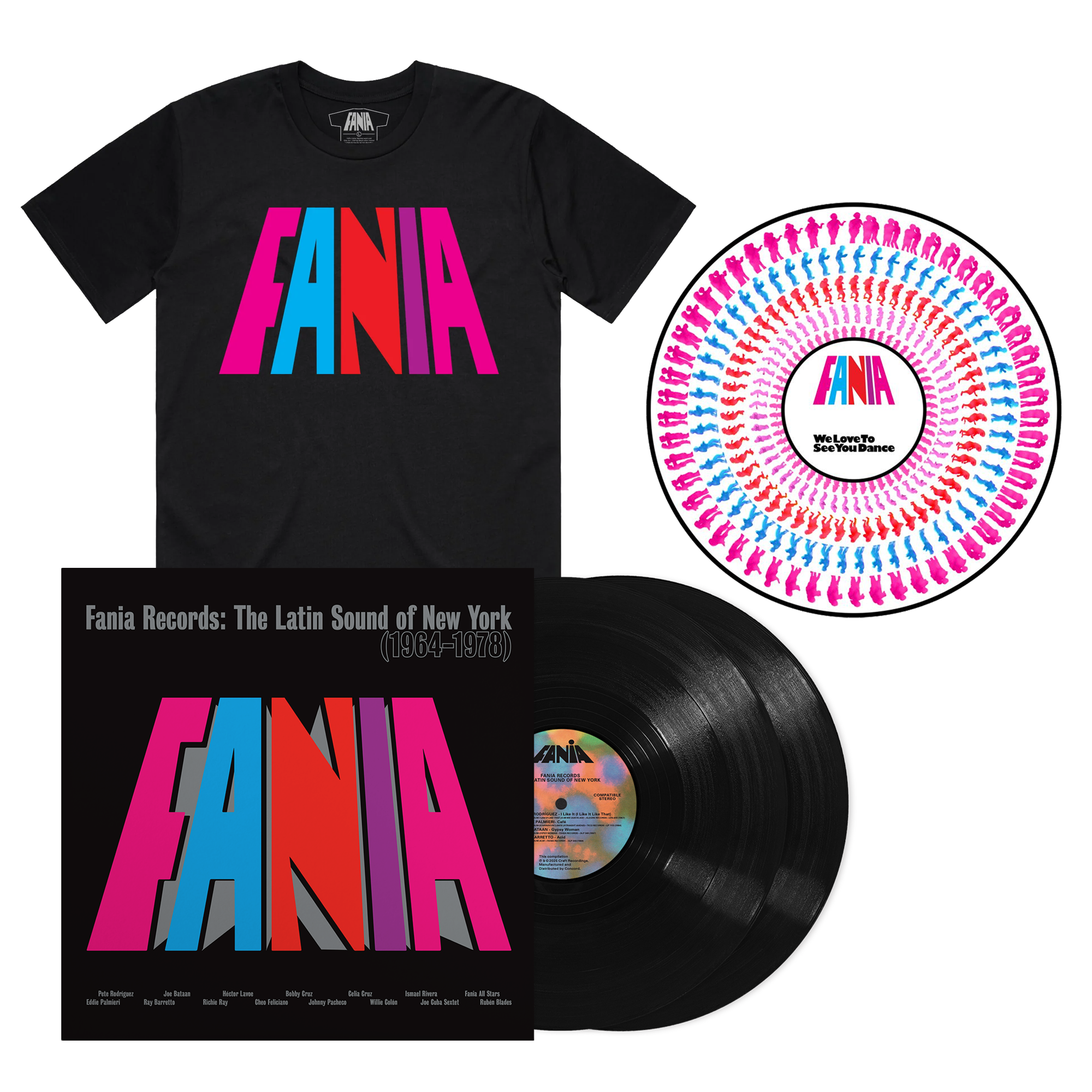 Fania Records: The Latin Sound Of New York (1964-1978) 2LP + Fania Logo Tee + We Love To See You Dance Slipmat Bundle