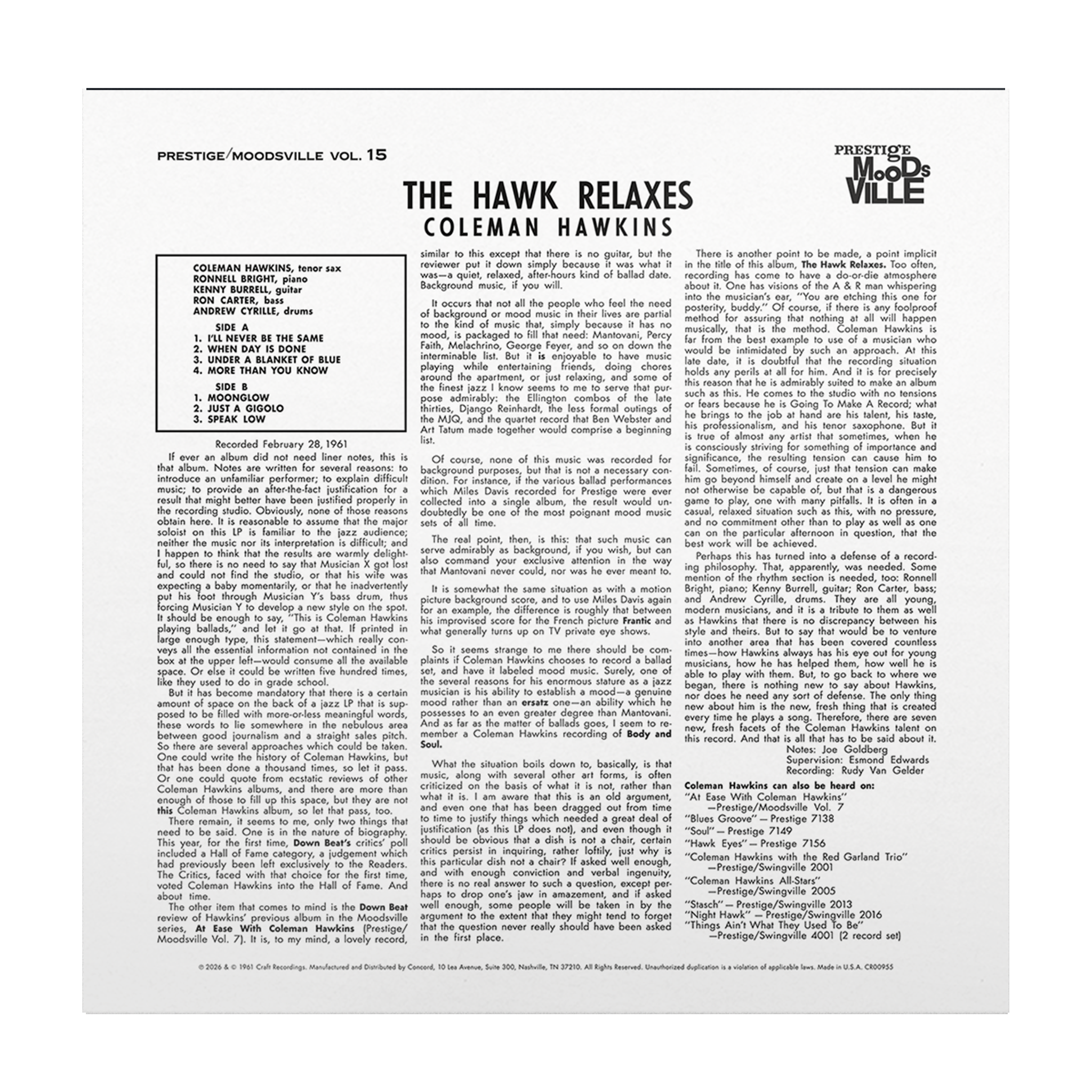 Coleman Hawkins – The Hawk Relaxes (Moodsville Series) (Digital