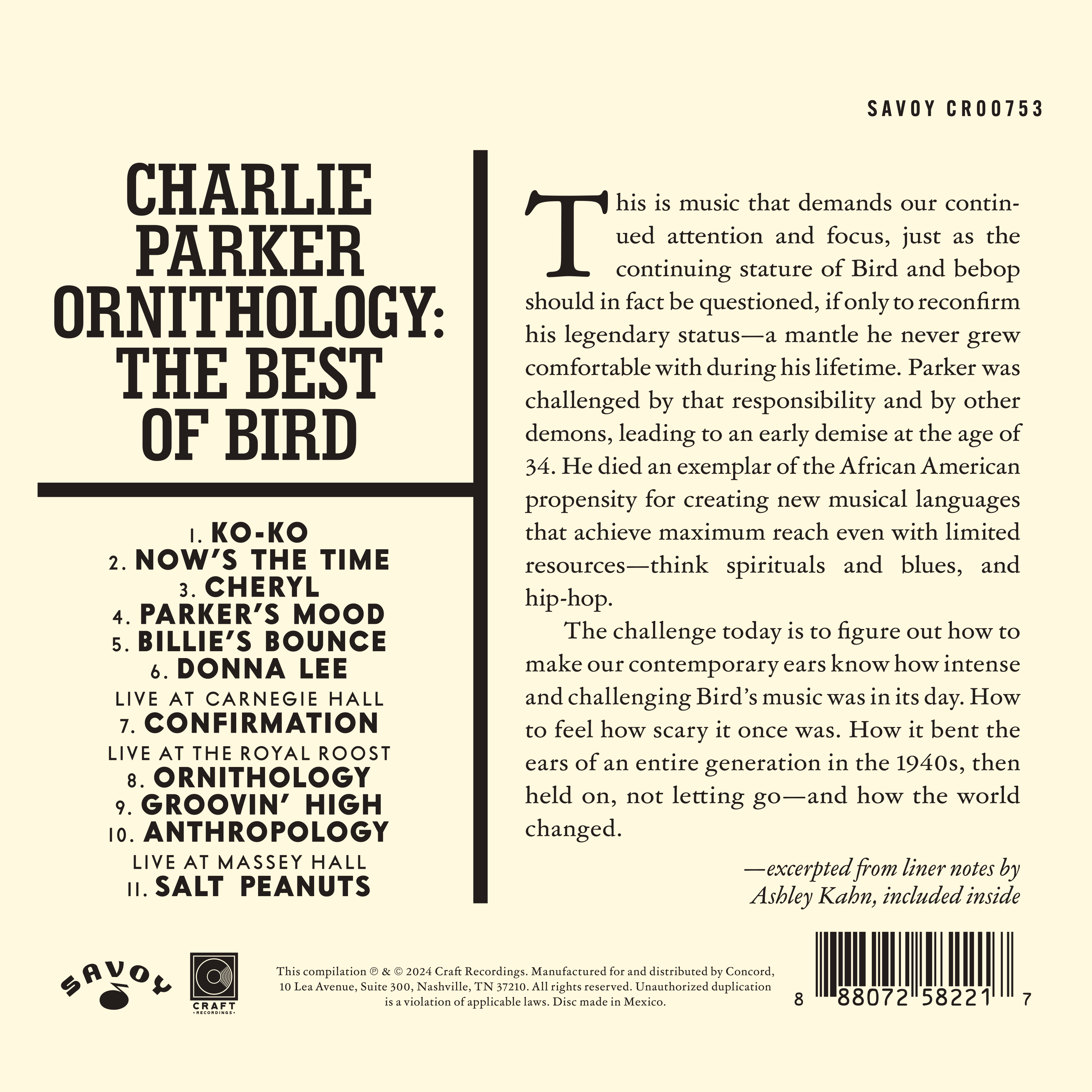 Charlie Parker Ornithology The Best Of Bird CD Craft Recordings   CR00753CharlieParker OrnithologyBackCover 