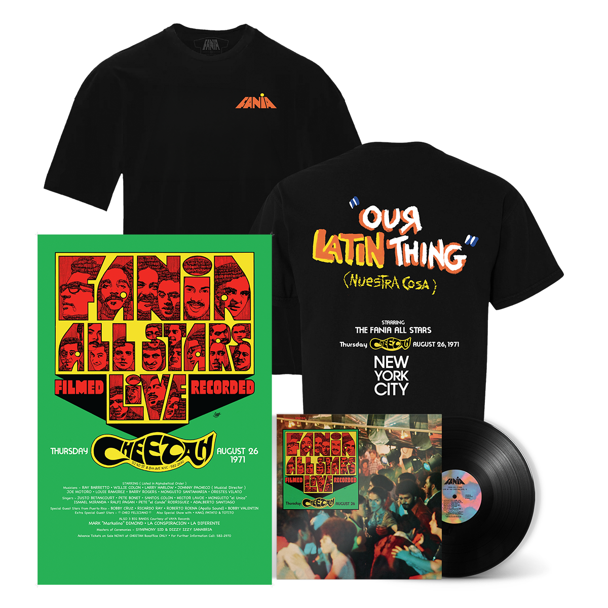 Our Latin Thing Cheetah Club T-Shirt + Live At The Cheetah Anniversary Poster + Live At The Cheetah, Vol. 1 180g LP Bundle – view 1 of 4