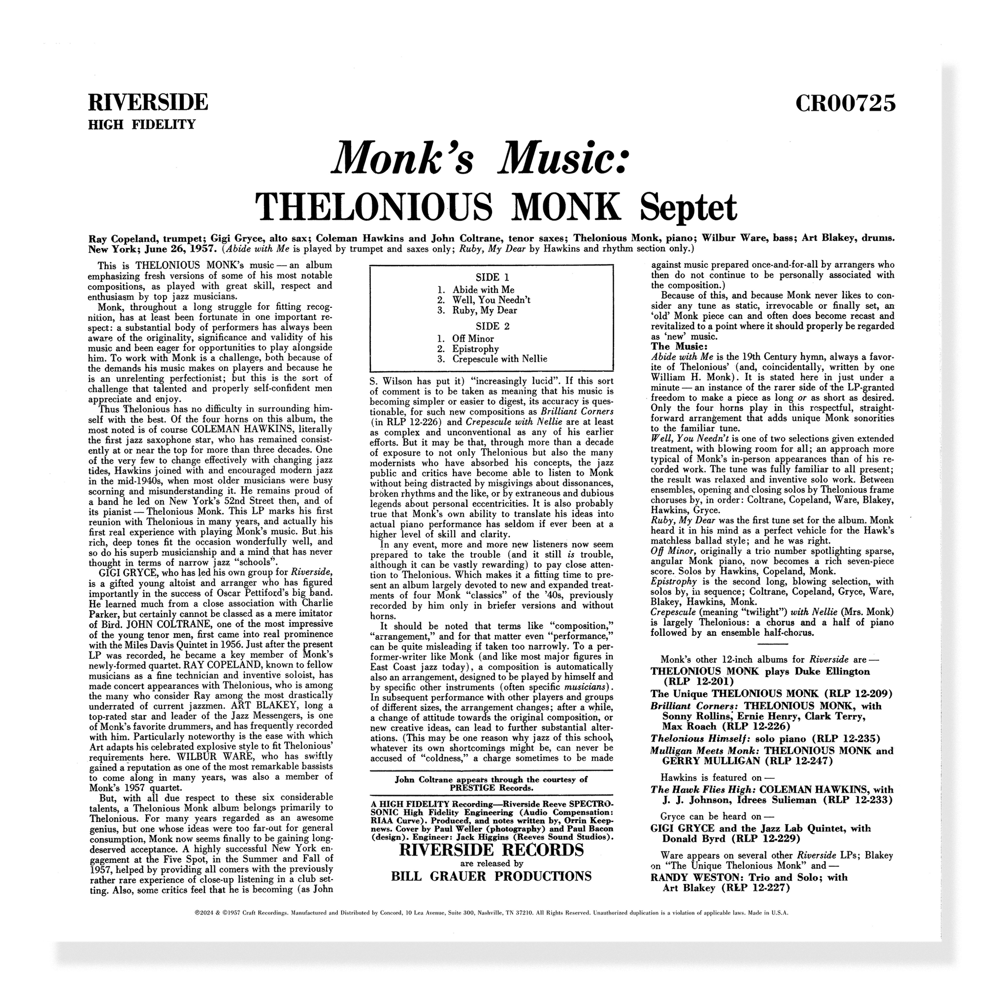 Monk's Music (Original Jazz Classics Series) (180g LP) – Craft Monk's Music (Original Jazz Classics Series) (180g LP) – Craft
