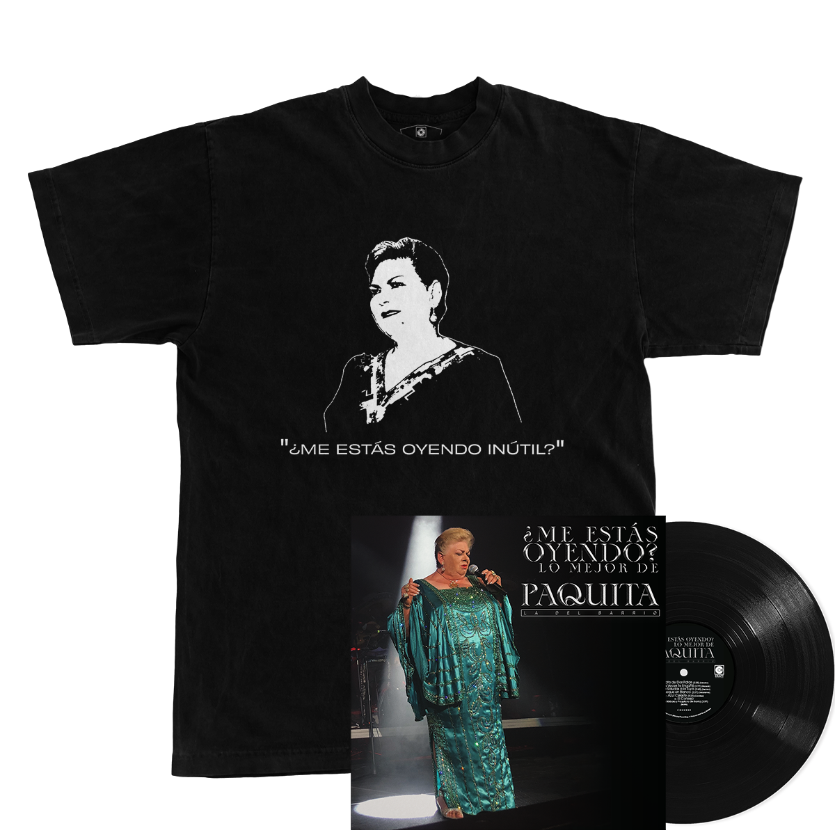 Conjunto ¿Me Estas Oyendo? Lo Mejor De Paquita La Del Barrio (LP) + Camiseta "Unisex" Mercancía Oficial – view 1 of 2