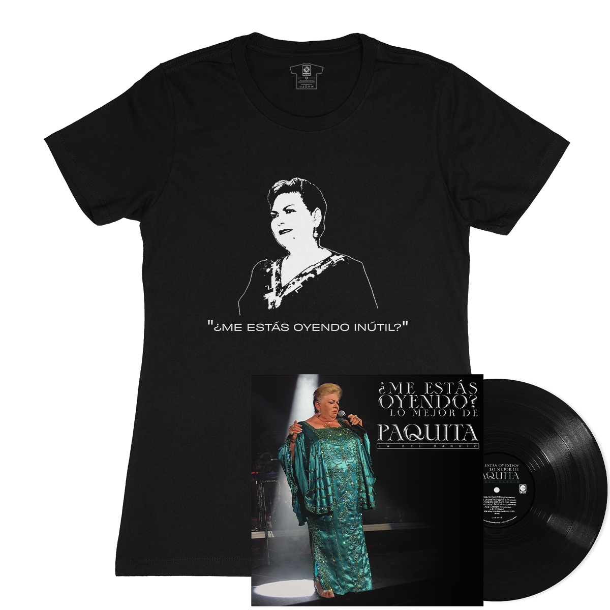 Conjunto ¿Me Estas Oyendo? Lo Mejor De Paquita La Del Barrio (LP) + Camiseta Para Mujer) Mercancía Oficial – view 1 of 2