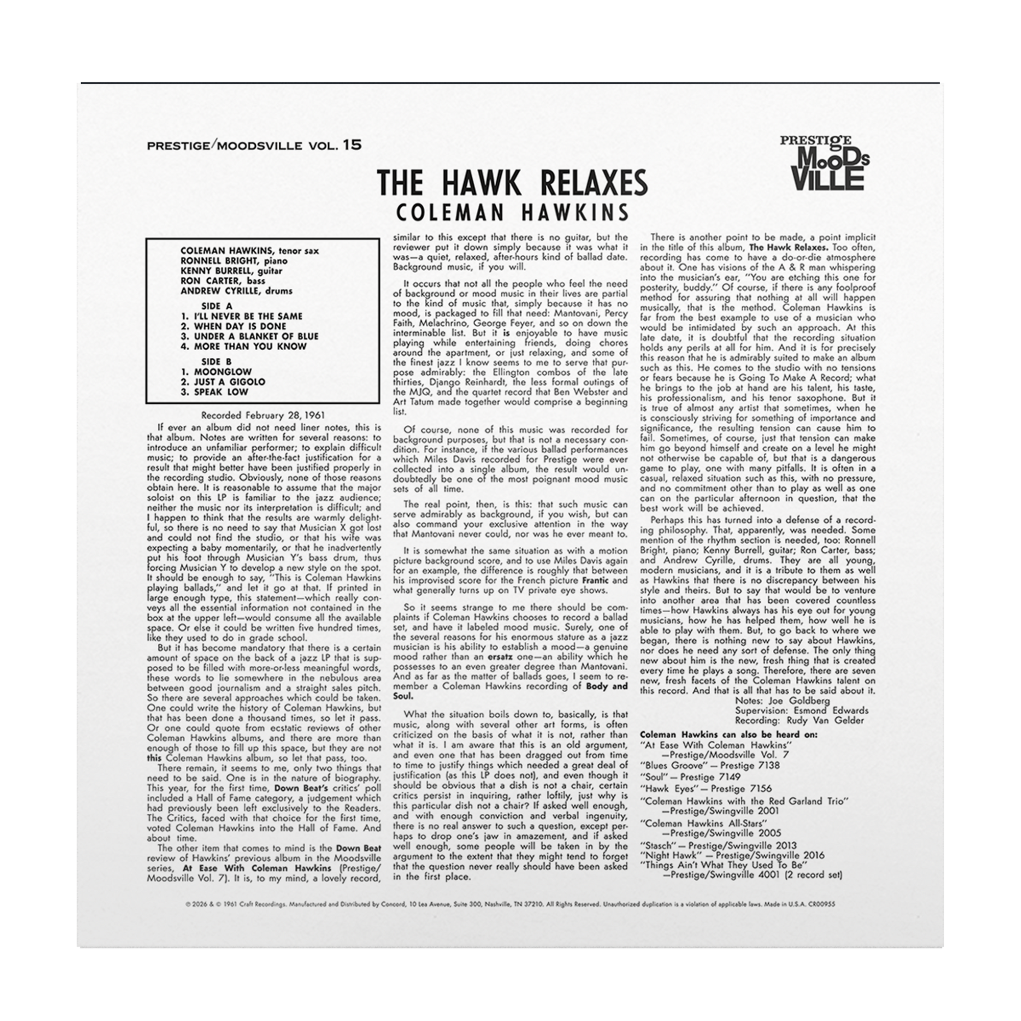 The Hawk Relaxes (Moodsville Series) (180G LP) – view 3 of 3