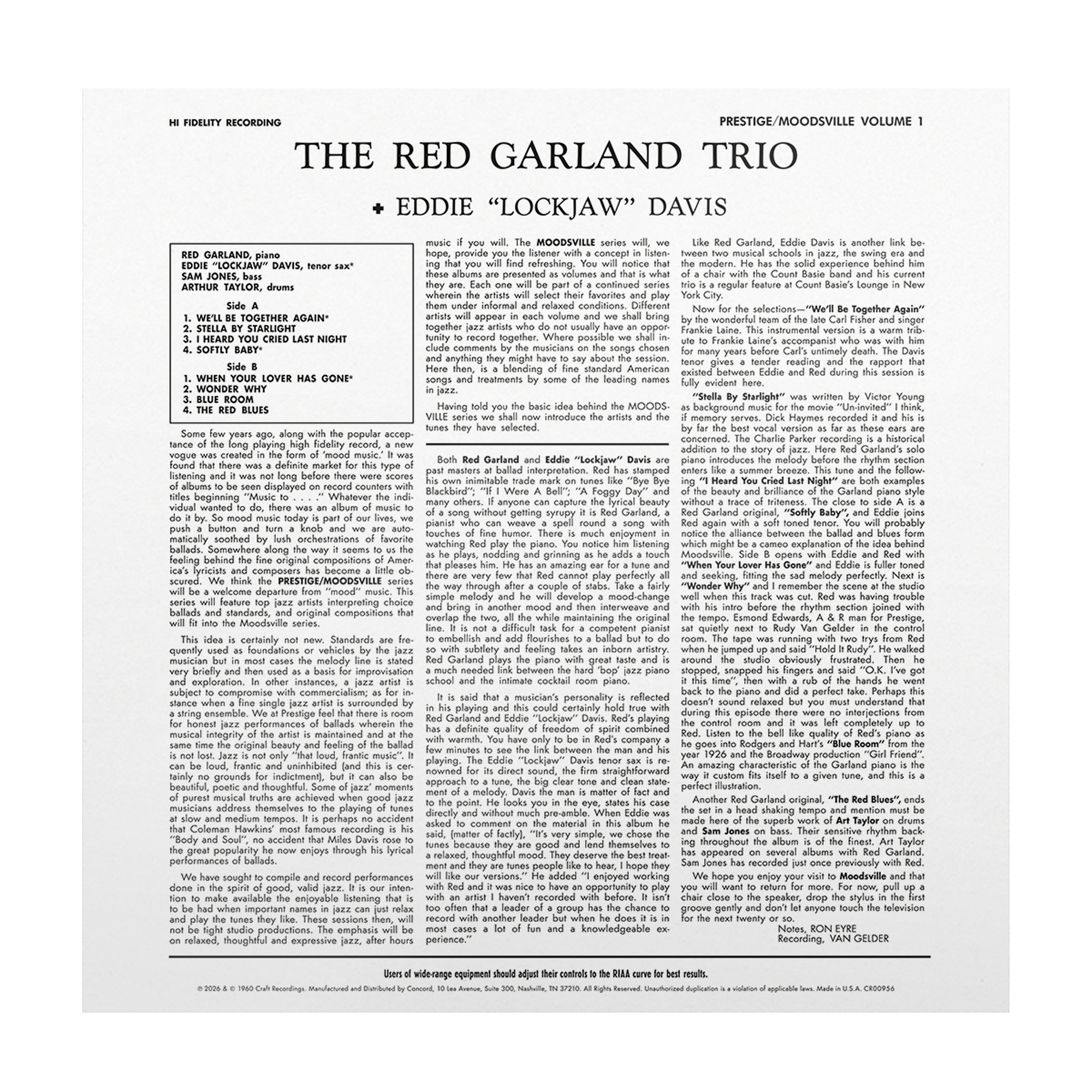 The Red Garland Trio With Eddie “Lockjaw” Davis – Moodsville, Volume, 1: (Moodsville Series) (180G LP) – view 3 of 3