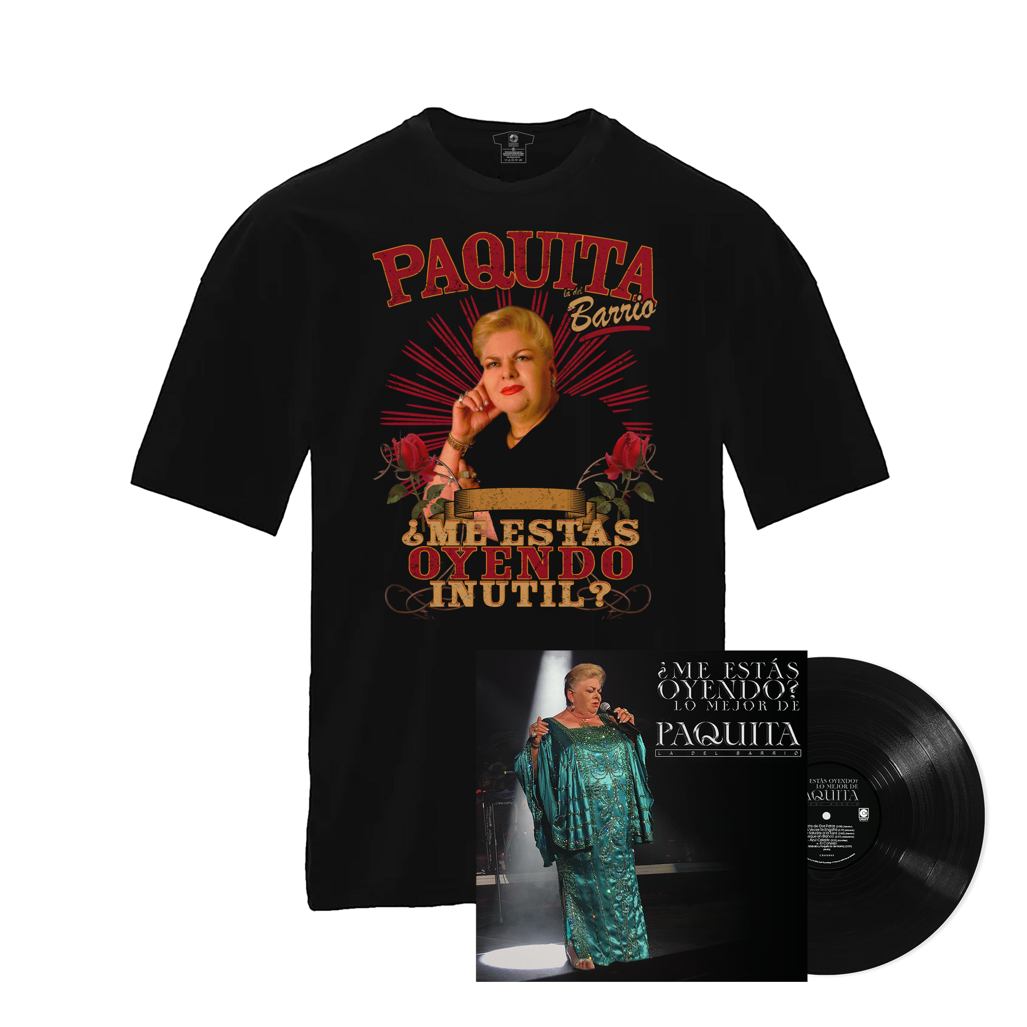 Conjunto ¿Me Estás Oyendo? Lo Mejor De Paquita La Del Barrio (LP) + Camiseta ¿Me  Estás Oyendo Inútil? Mercancí Oficial – view 1 of 3
