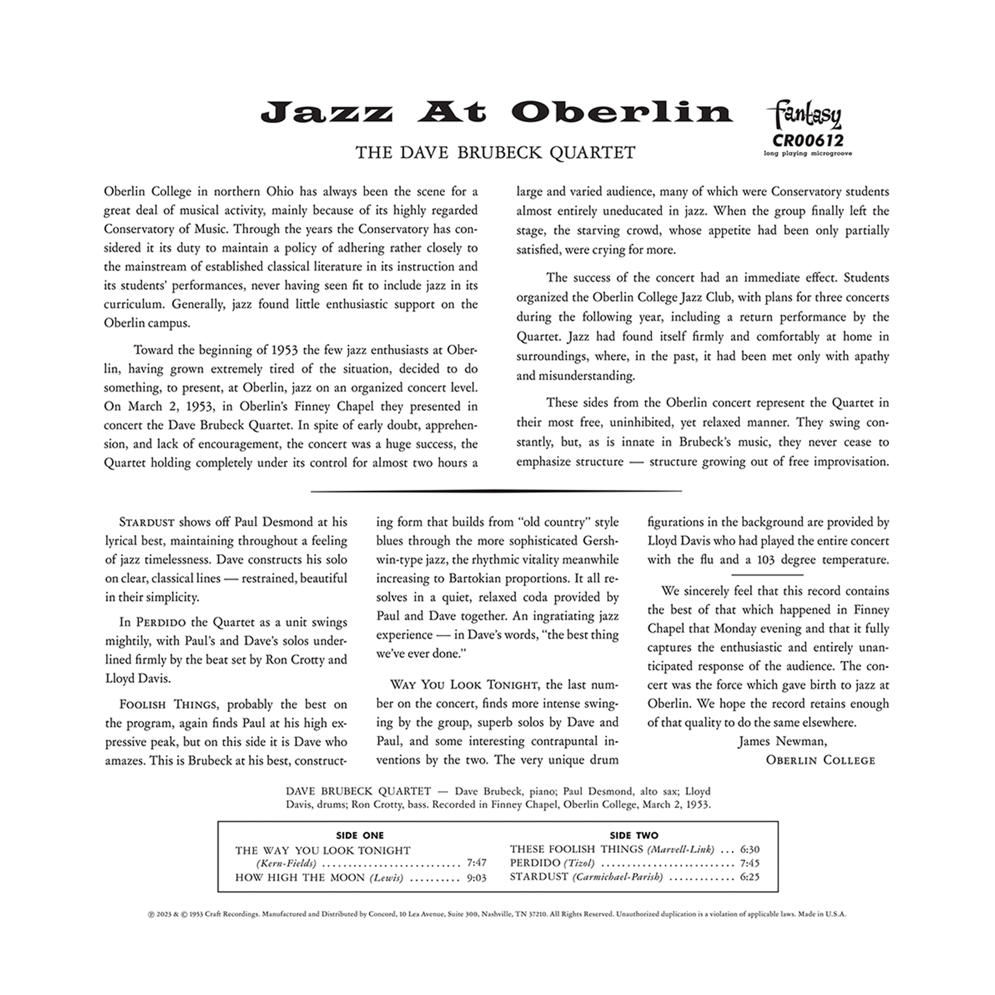 Jazz at Oberlin (Original Jazz Classics Series) (180G LP) – Craft Jazz at Oberlin (Original Jazz Classics Series) (180G LP) – Craft