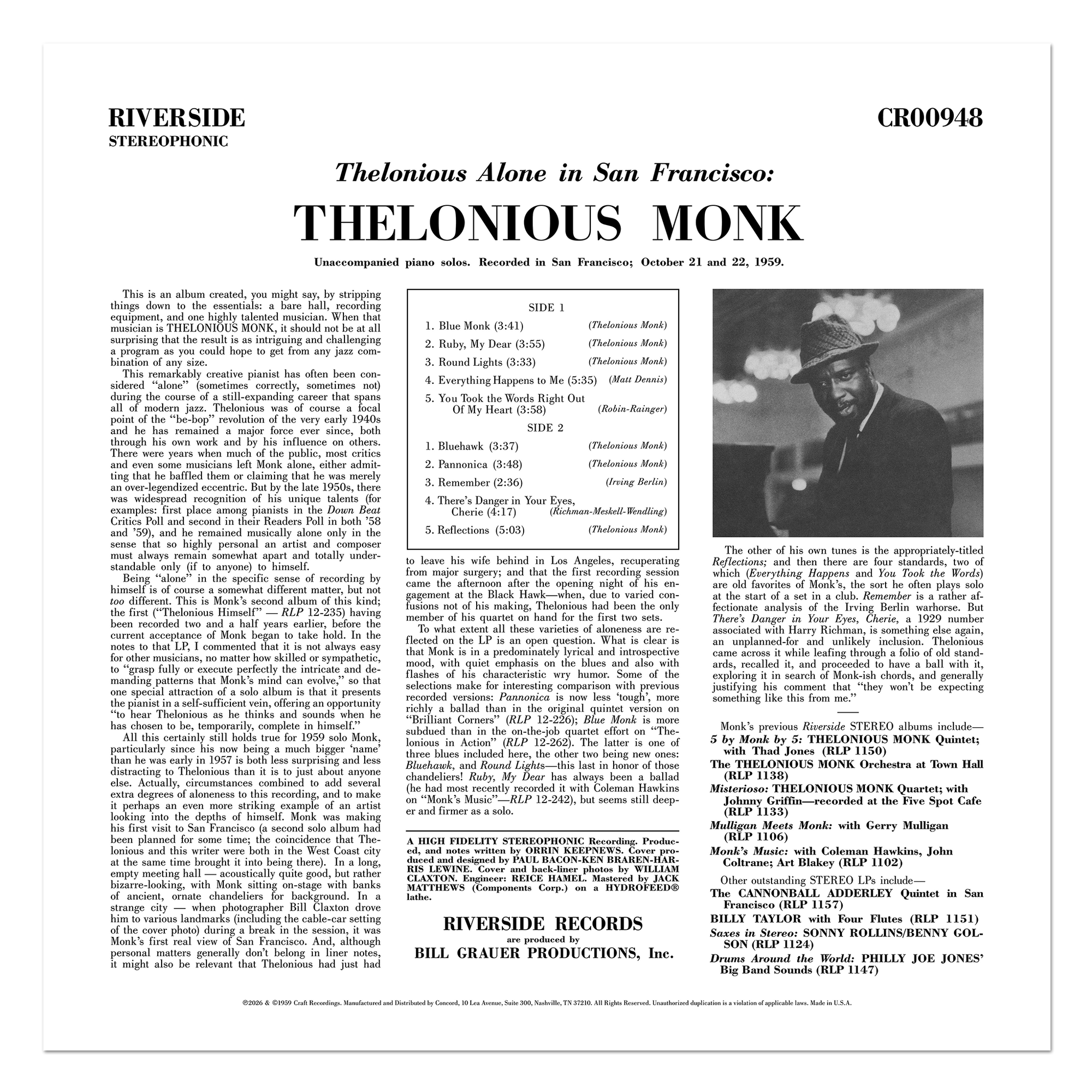Thelonious Alone In San Francisco (Original Jazz Classics Series) (180g LP) – view 4 of 4