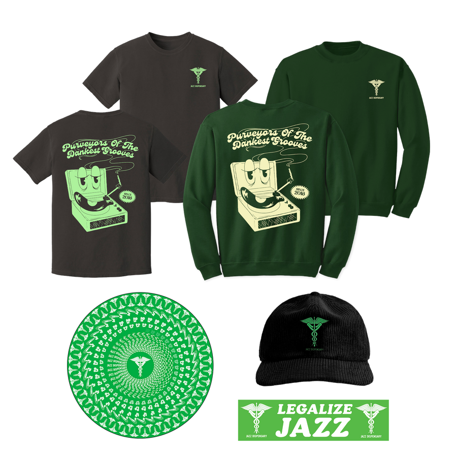 Jazz Dispensary Ultimate Fall Merch Bundle (T-Shirt + Crewneck + Hat + Slipmat + Bumper Sticker)